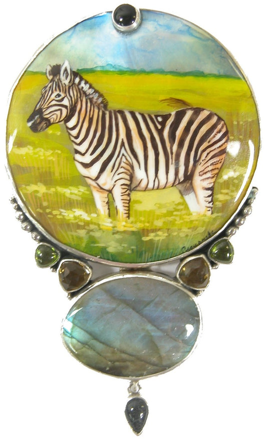 Hand Painted Mother of Pearl Labradorite Sterling Silver Pin Pendant