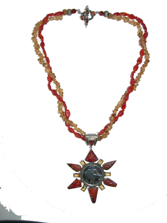 Hand Carved Carnelian and Citrine Beaded Necklace with Elephant Coin Pendant