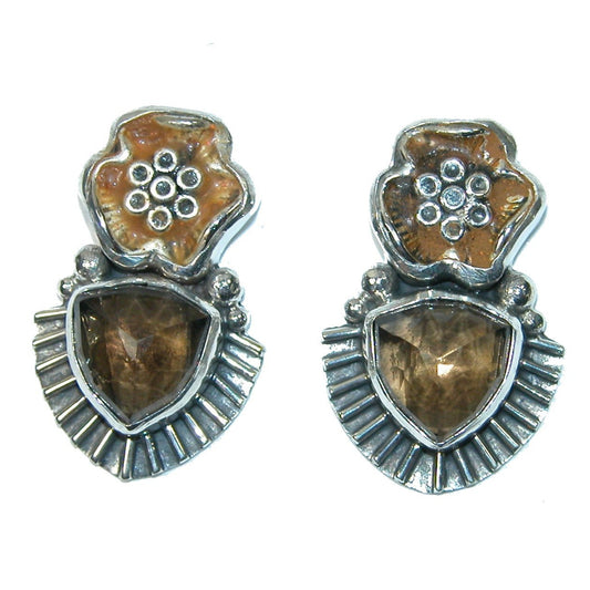 31385 Enamel Flower Cognac Topaz Sterling Silver Earrings