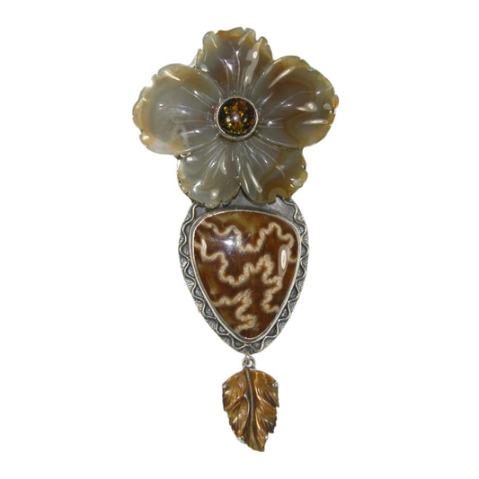 31387 Tiger Eye, Amber, Agate, Jasper Floral Sterling Silver Pin and Pendant