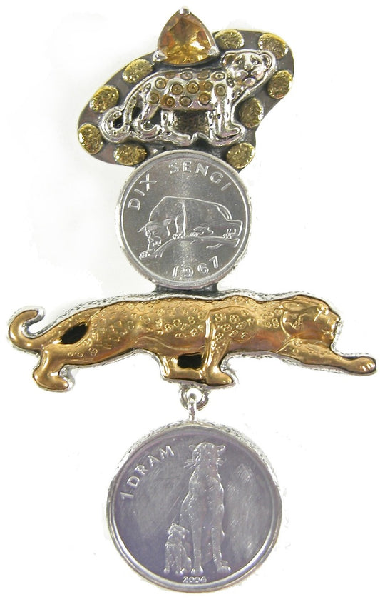 31390 Leopard Coin Citrine Enamel Sterling Silver Pin and Pendant