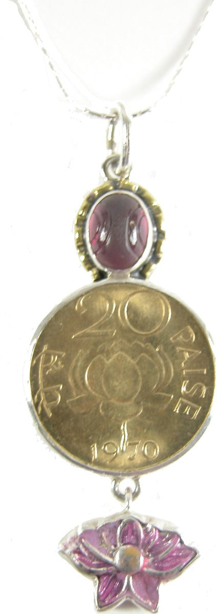 31394 Lotus Flower Coin Enamel Sterling Silver Pendant Necklace