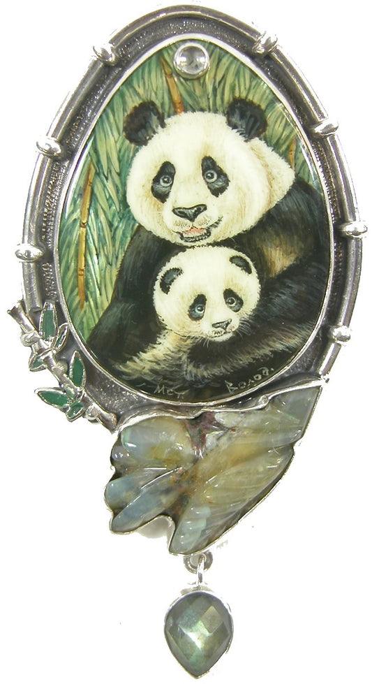 Hand Painted Pandas Mother of Pearl Peruvian Opal Sterling Silver Pin Pendant