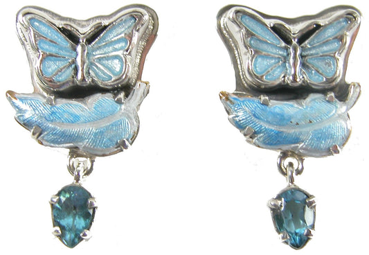 31405 Blue Topaz Enamel Butterfly Sterling Silver Earring