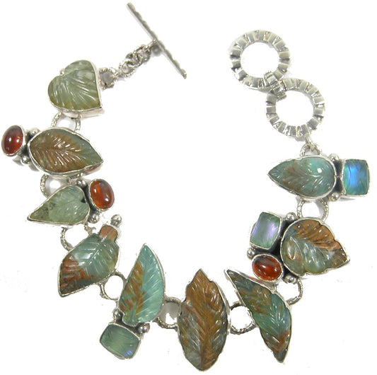 Carved Peruvian Opal Leaf Hessonite Sterling Silver Bracelet
