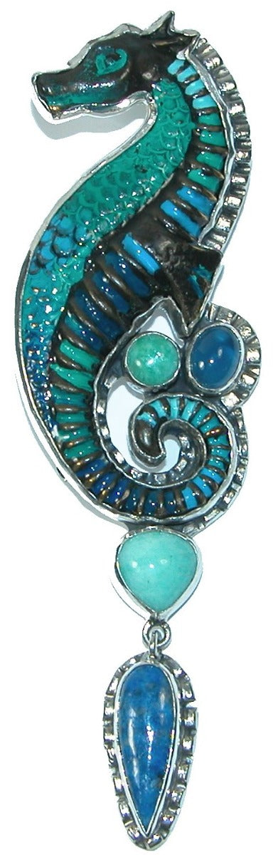 31411 Enamel Sea Horse Amazonite Lapis Sterling Silver Pin Pendant