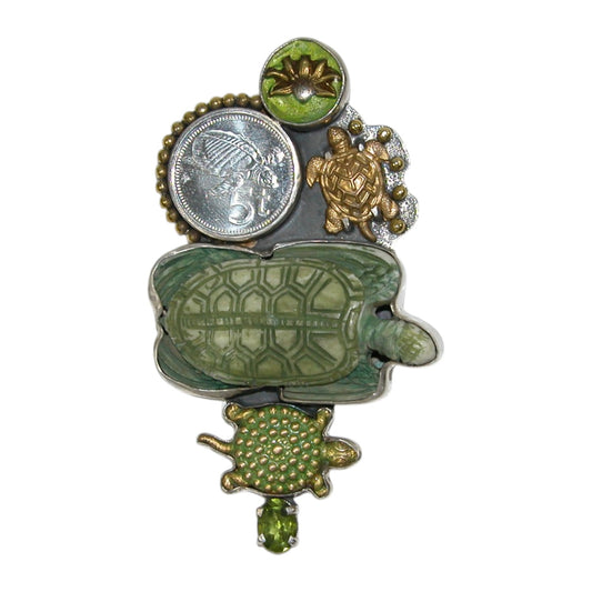 31413 Hand Carved Bone, Coin, Turtle Sterling Silver Pin and Pendant