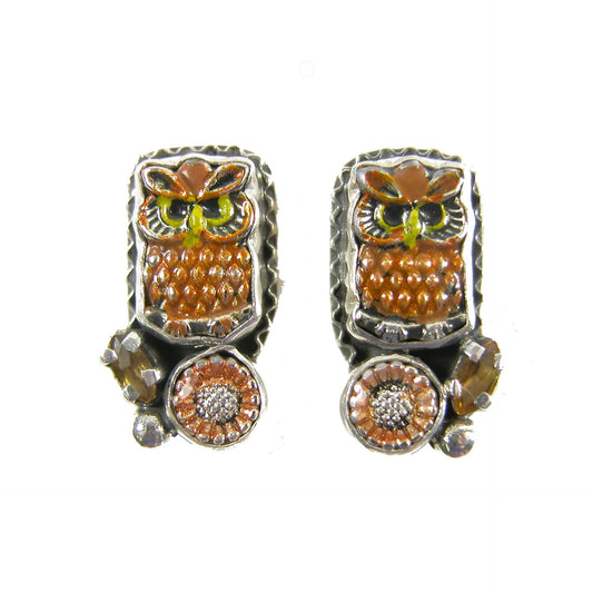 31414 Citrine Owl Enameled Sterling Silver Earrings