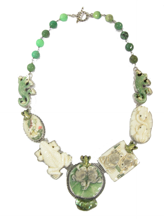 Carved Bone, Freshwater Pearl Frog and Lizard Sterling Silver Beaded Necklace & Pendant