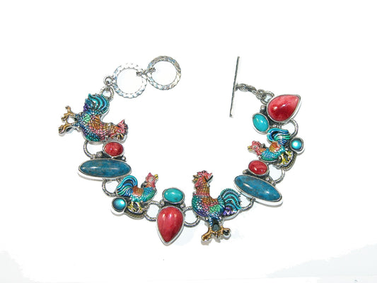 Enameled Rooster with Lapis, Coral and Turquoise Bracelet