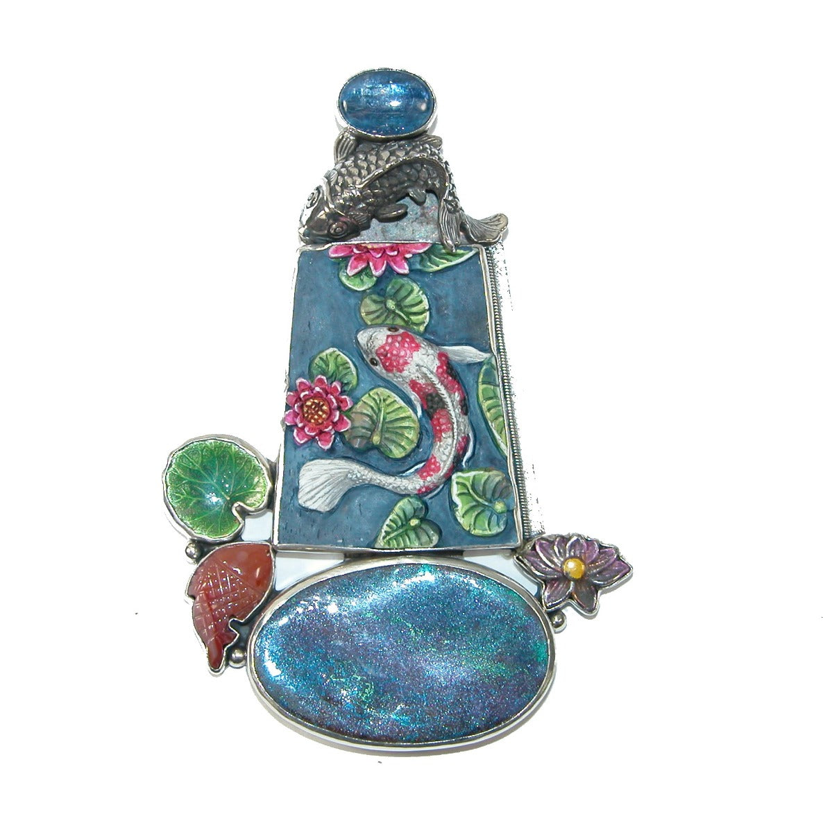 Hand Carved Scrimshaw Carnelian and Kyanite Fish Flower Pond Pin Pendant