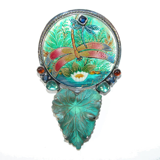 31446 Hand Painted Dragonfly Carnelian Apatite Sterling Silver Pin Pendant