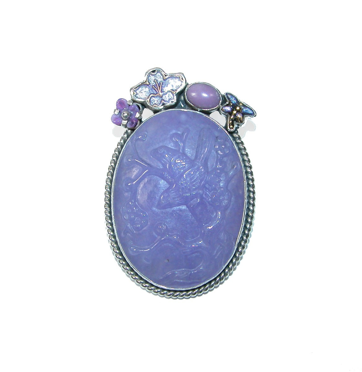 Enameled Flower Dragonfly Phosphosiderite Carved Agate Pin/Pendant