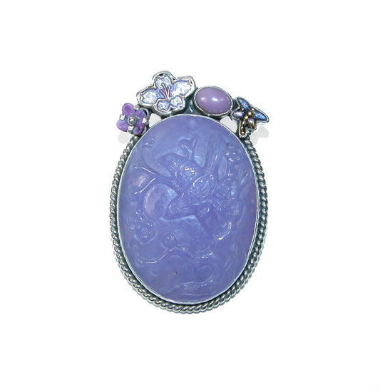 Enameled Flower Dragonfly Phosphosiderite Carved Agate Pin/Pendant
