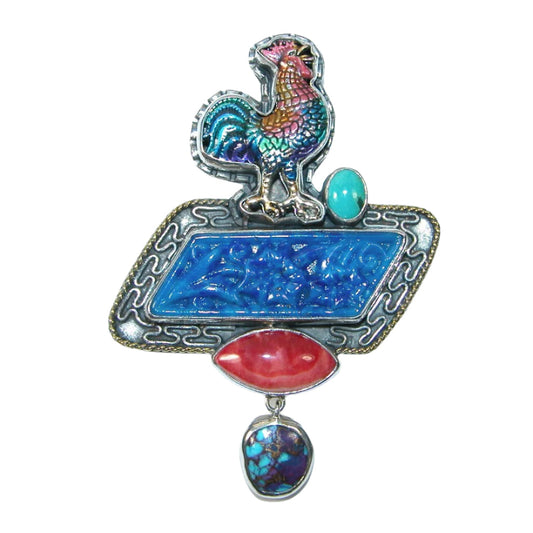 Enameled Rooster with Carved Lapis Pin and Pendant
