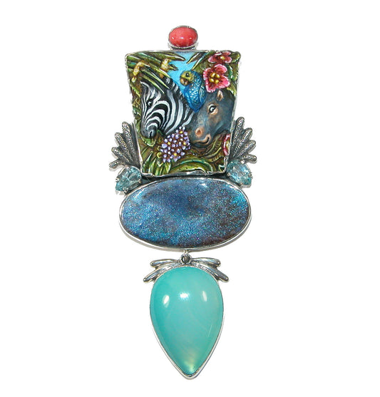 31452 Carved Zebra, Boulder Opal Sterling Silver Pin and Pendant