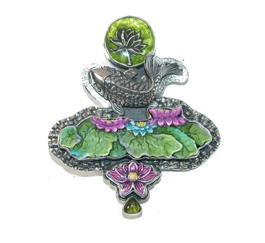 Hand Enameled Koi with Lotus Flower and Vesuvianite Sterling Silver Pin Pendant
