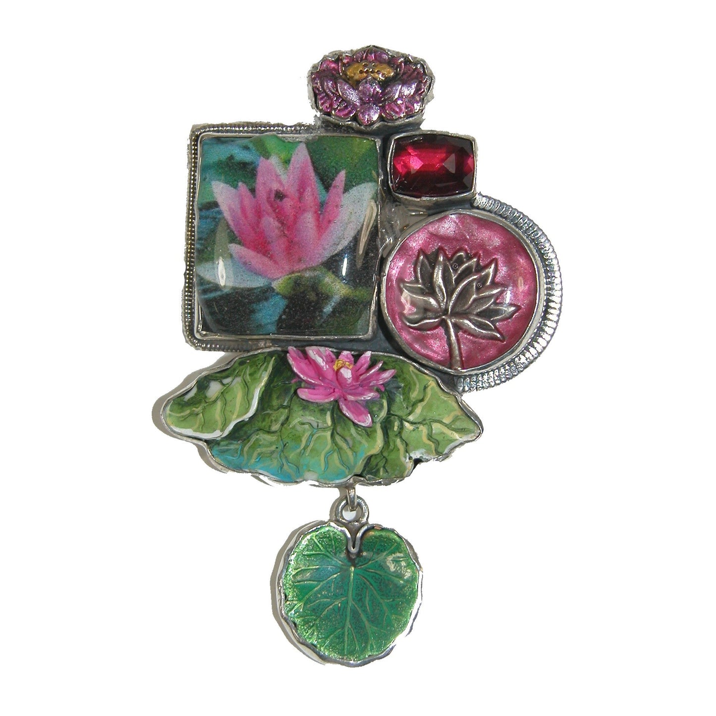 Floral Tile Lotus Enameled Sterling Silver Pin and Pendant