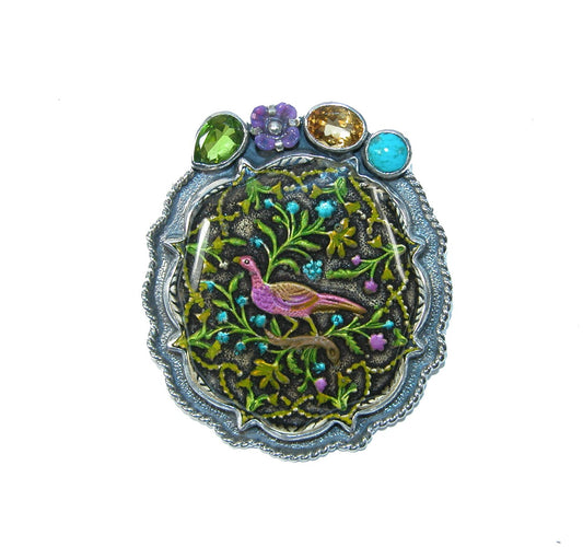 Enameled bird in Leaves Peridot, Citrine, Turquoise, Pin/Pendant