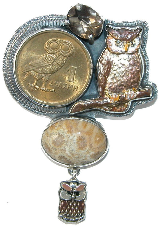 31462 Smoky Topaz Enamel Owl Coin Sterling Silver Pin and Pendant
