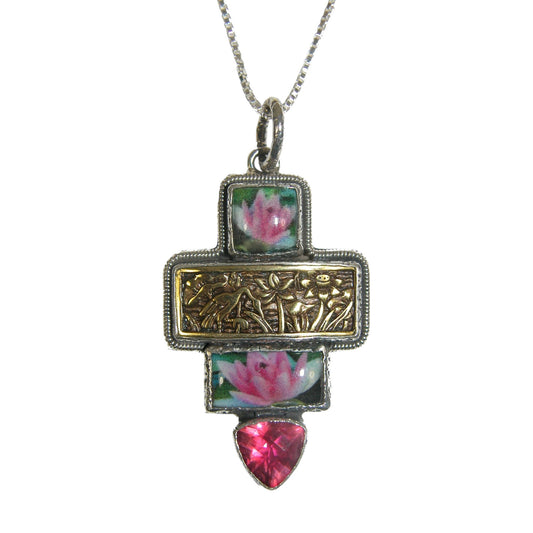 32665 Hand Made Lotus Tile Sterling Silver Necklace