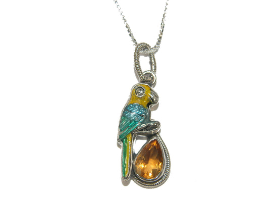 31470 Hand Enameling Parrot, Citrine Sterling Silver Necklace