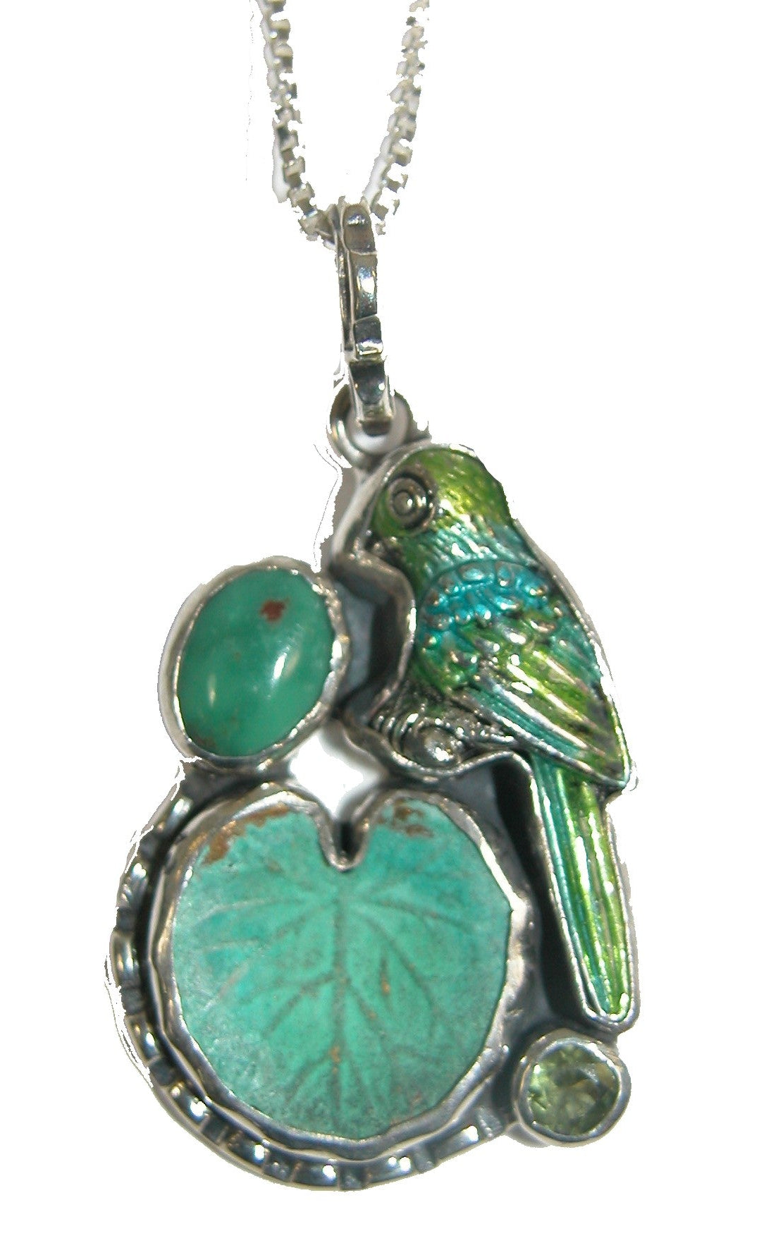 31473 Turquoise, Peridot, Hand Enameled Parrot Sterling Silver Pendant Necklace