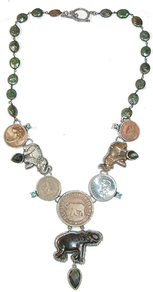 Elephant Coin Blue Topaz Labradorite Pearl Sterling Silver Necklace
