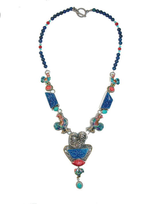 Enamel Rooster and Carved Lapis Necklace