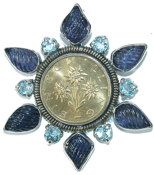 Iolite Aquamarine Flower Coin Sterling Silver Pin Pendant