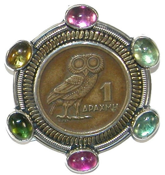 Tourmaline Owl Coin Sterling Silver Pin and Pendant
