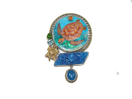 Hand Painted Turtle on Mother of Pearl Sterling Silver Pin and Pendant