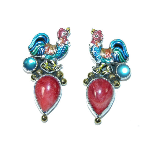 Enameled Rooster and Coral Sterling Silver Earrings