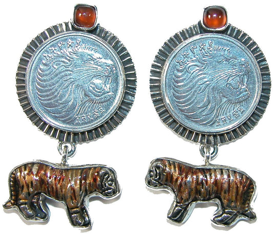 31508 Hessonite Lion Coin Sterling Silver Earring