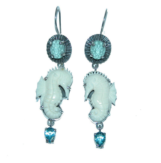 Carved Seahorse with Quartz and Topaz Earrings