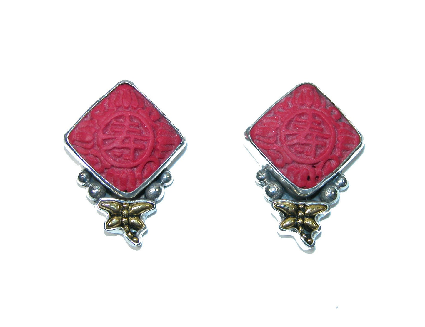 Carved Cinnabar Dragonfly Stud Earrings