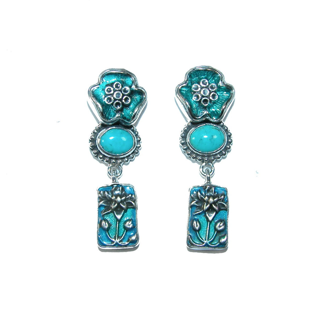 Enameled Flowers and Turquoise Earring