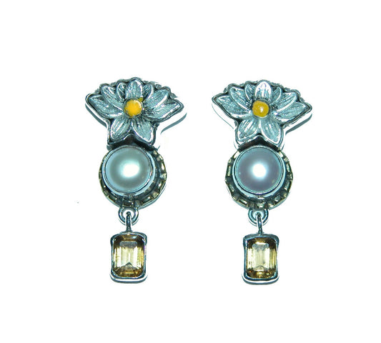 31524 Enameled Lotus Pearl and Citrine Earring