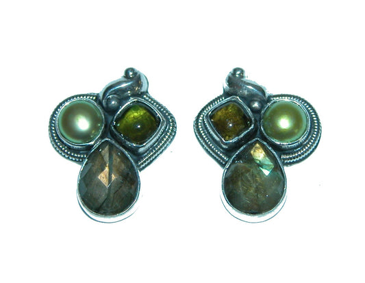 31532 Labradorite Pearl Vesuvianite Cluster Sterling Silver Earrings