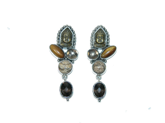 31533 Buddha, Tiger's Eye, Smoky Quartz, and Jasper Cluster Sterling Silver Earrings