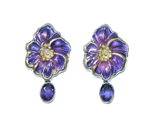 31534 Purple and Pink Enamel Flower with Garnet Dangle Earrings