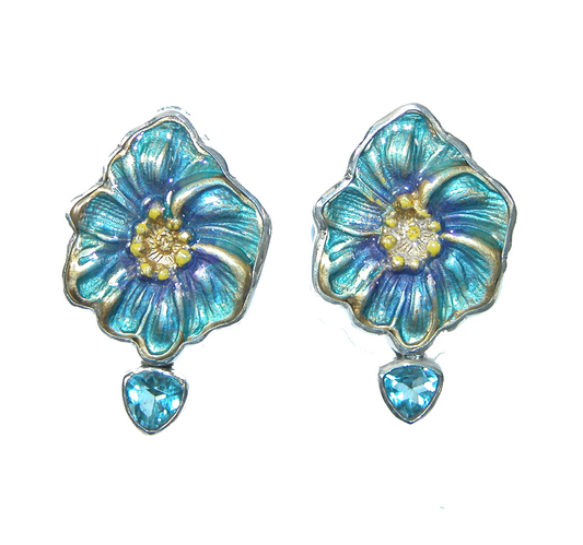 31534 Blue Enamel Flower with Blue Topaz Dangle Earrings
