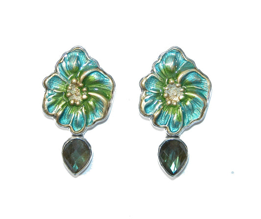 Teal Green Enamel Flower with Labradorite Dangle Earrings