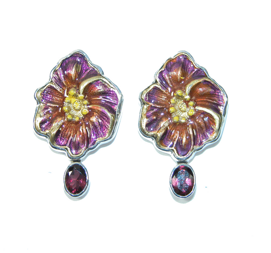 31534A Red-Orange Enamel Flower with Garnet Dangle Earrings