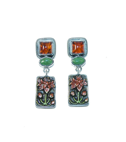 Enameled Lotus Turquoise Amber Dangle Earrings