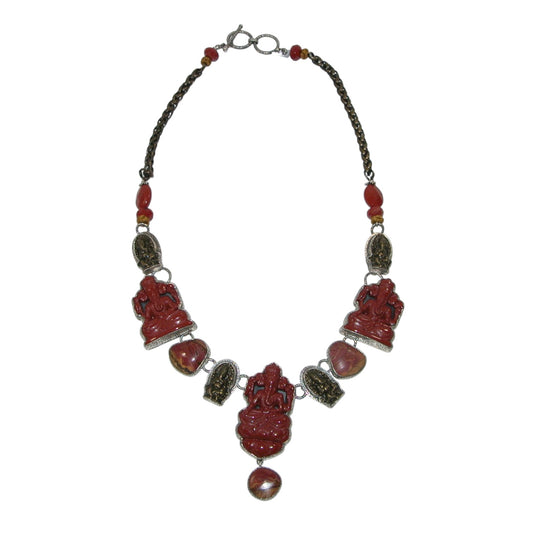 Carved Jasper Carnelian Beaded Sterling Silver Necklace
