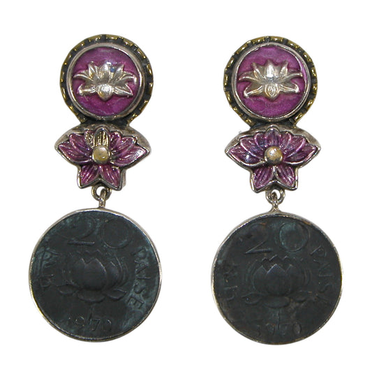 31542A Lotus Hand Enameling Coin Sterling Silver Earrings