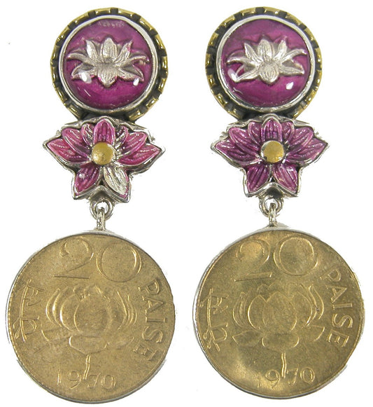 31542 Fuchsia Lotus Enamel Coin Sterling Silver Earring