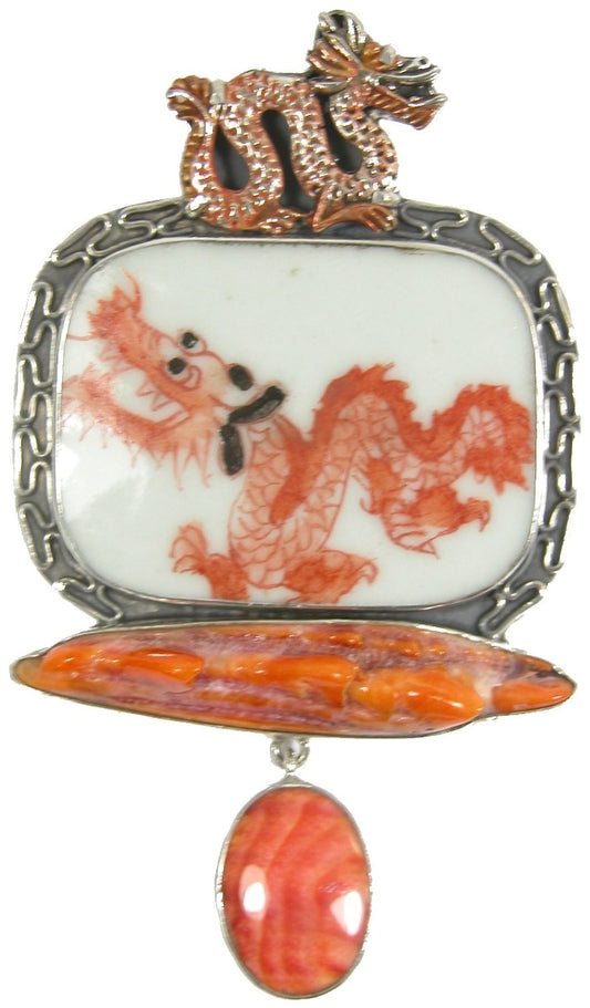 Porcelain Dragon Spiny Oyster Enamel Sterling Silver Pin and Pendant