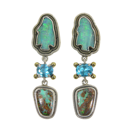 Carved Opal Fish Blue Topaz Sterling Silver Earrings